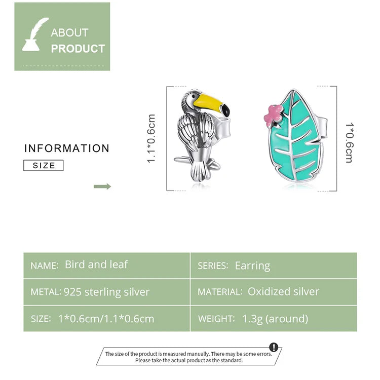 925 Sterling Silver Tropical Bird And Leaf Stud Earrings On Sale
