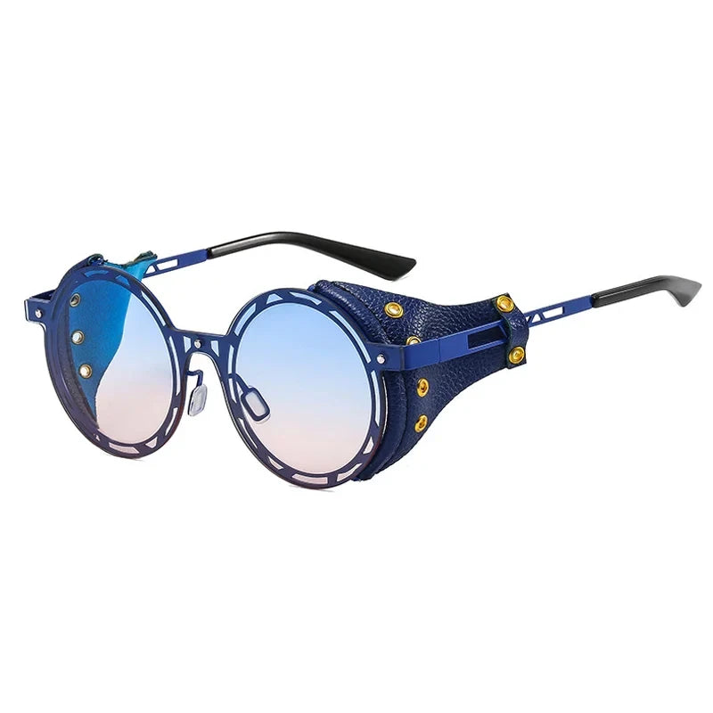 Chic Blue Vintage Leather Steampunk Goggle Style Round Sunglasses On Sale