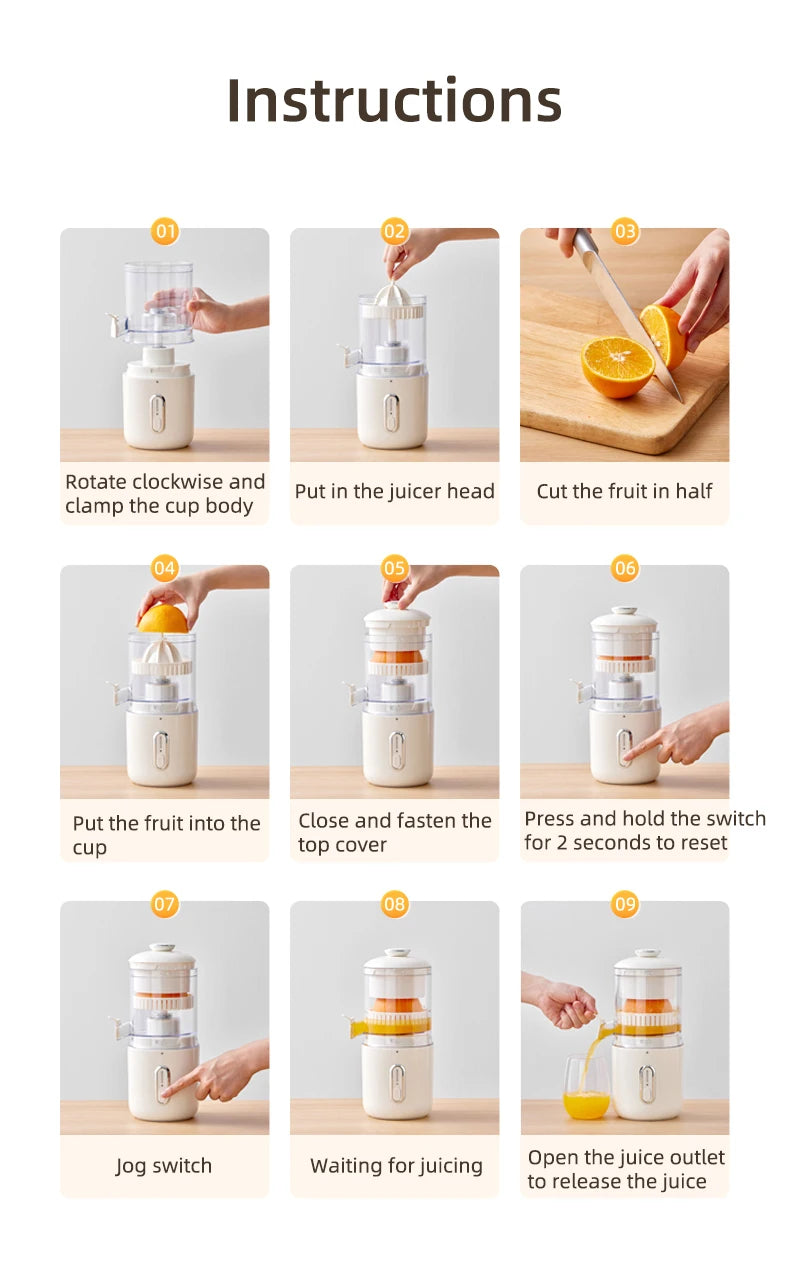 Instructions Of USB Rechargeable Automatic Orange Juicer
