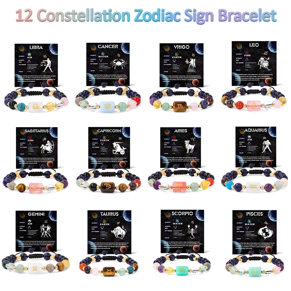 12 Constellation Zodiac Signs Natural Stone Quartz Beads Braided Bracelets For Women And Men On Sale