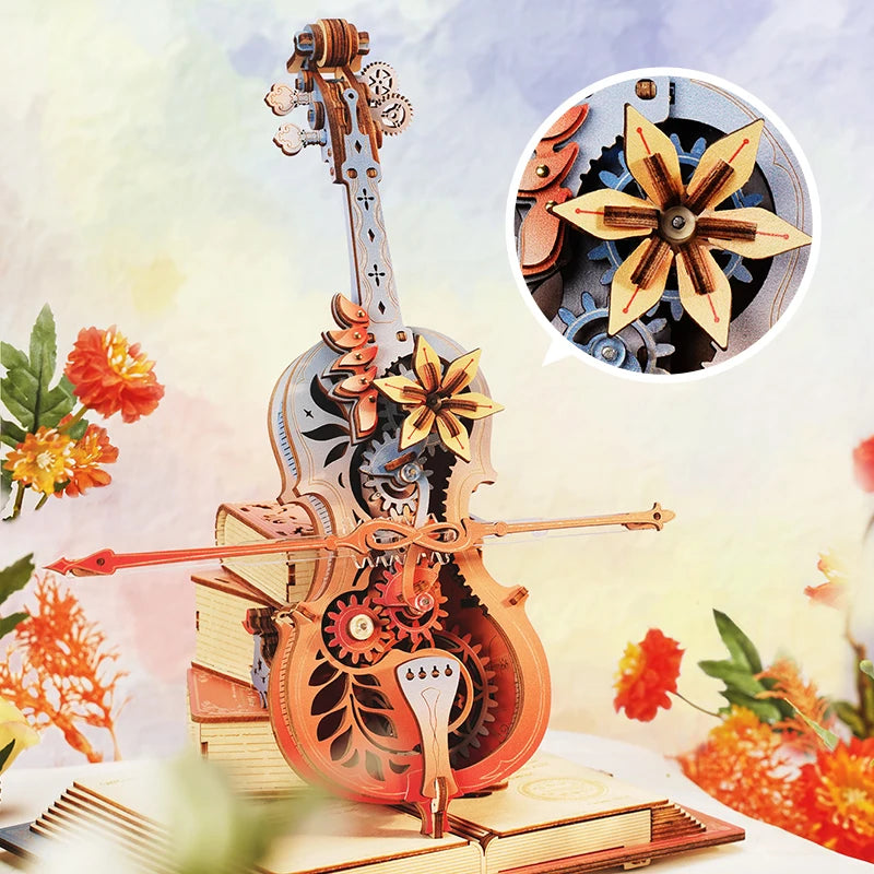 Magical self-playing Cello Mechanical Music Box 3D Wooden Puzzle Kit On Sale