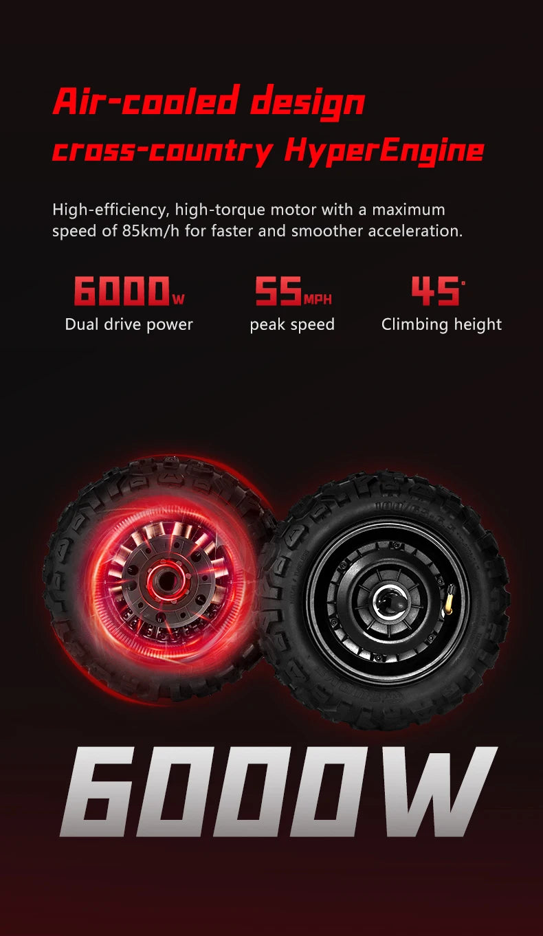 Foldable Off-road Tires Two-wheel Electric Scooter 6000W Motor 60V 38Ah With RGB Colour Lights, Shock Absorption and Smart App Control On Sale