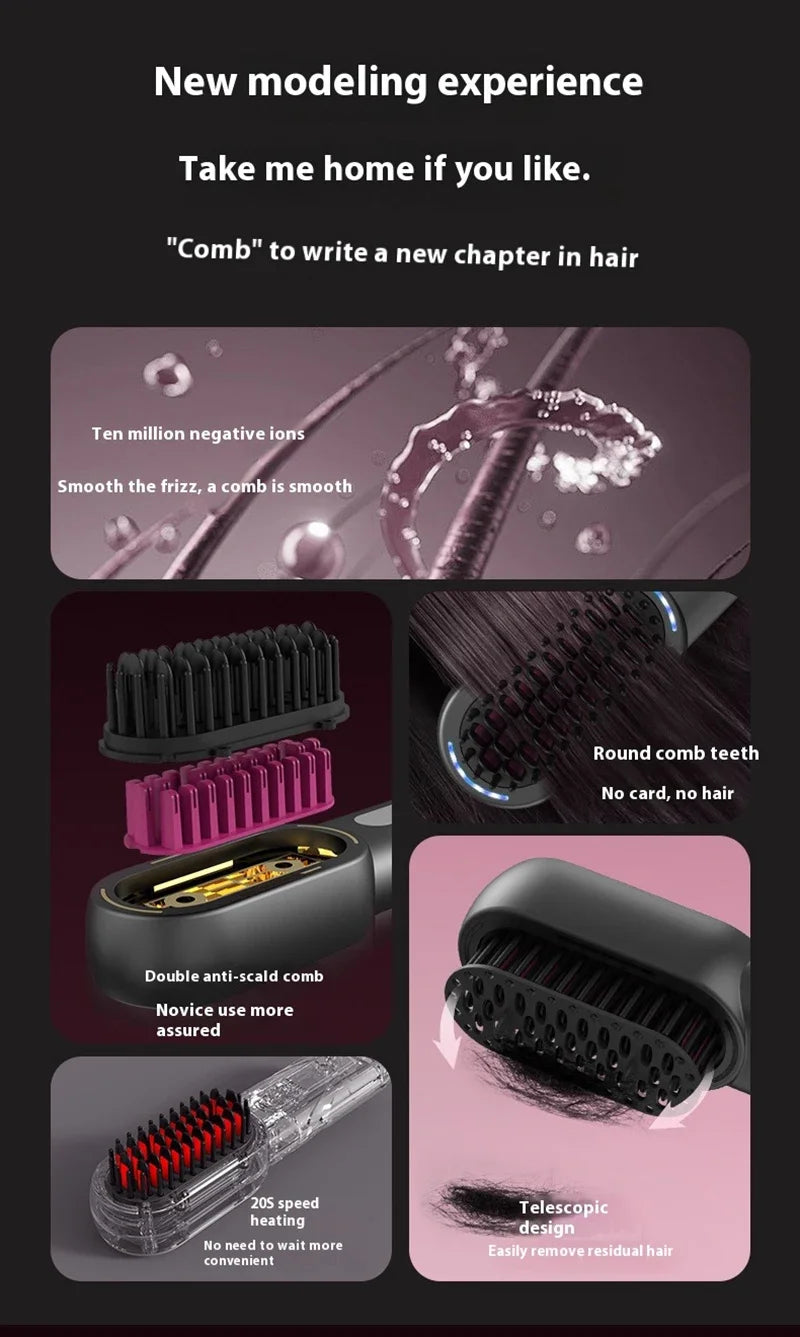Rechargeable Wireless Negative Ion Electric Hair Comb Straightener On Sale