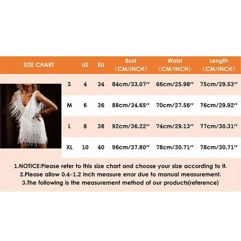Size Chart: Sequin Tassel Fringe Mini Dress