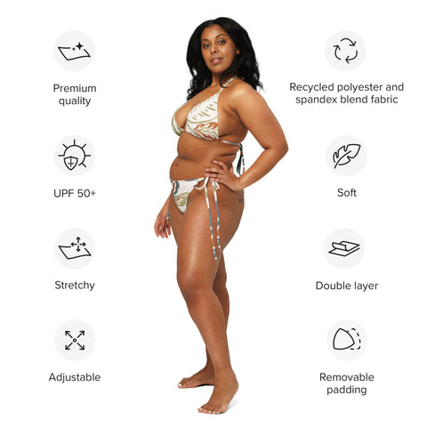 Plus size women's string bikini set contains product features which include UV protection, recycled polyester material, fabric pattern is double sided and we have removable cup padding