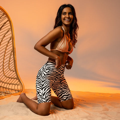 woman wearing yoga shorts in a zebra print