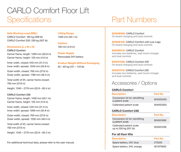 CARLO Comfort and Comfort 230 Floor Lift