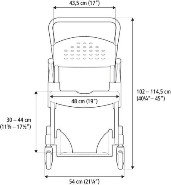 CLEAN Height Adjustable Shower Commode Chair Back Side Measurements