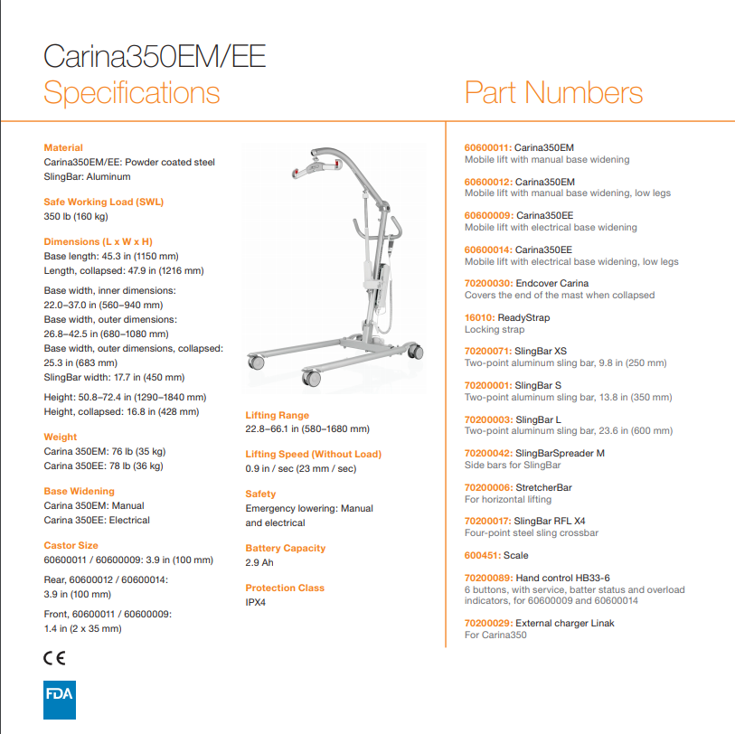 Specifications - Carina350 Mobile Patient Lifts By Handicare | Wheelchair Liberty