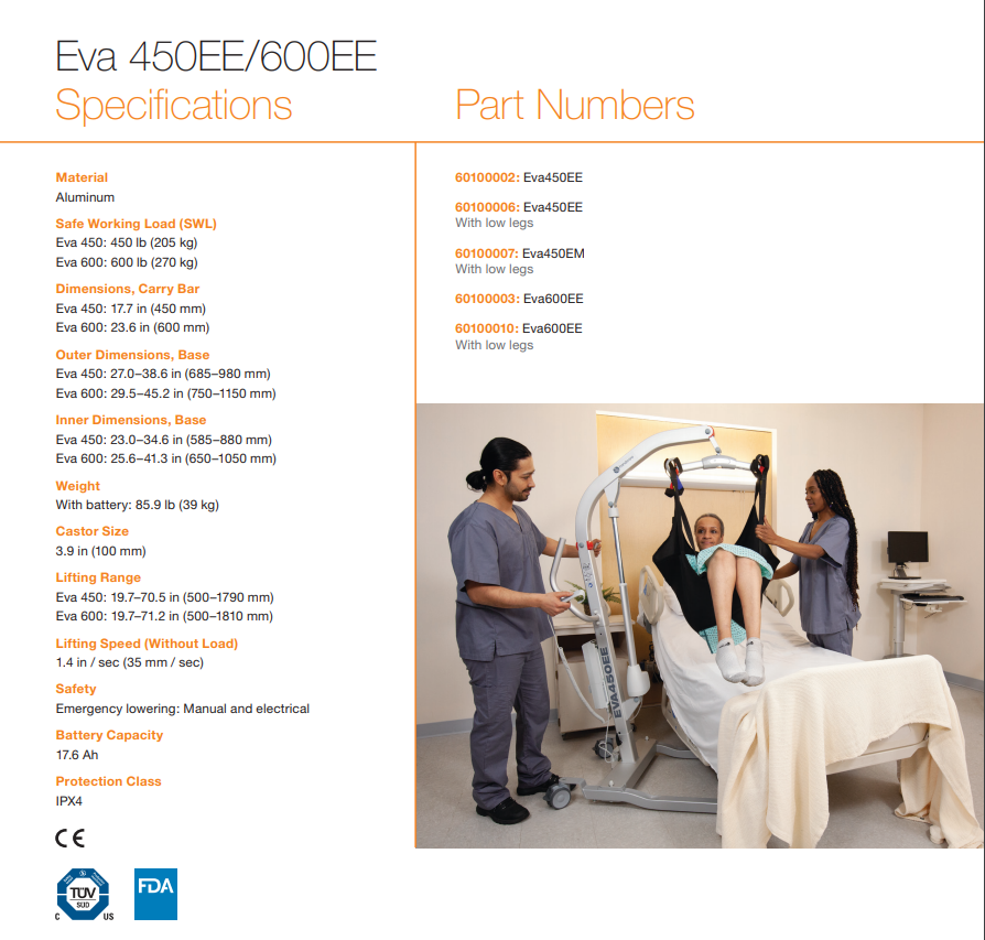 Specifications - Eva Floor Mobile Patient Lifts By Handicare | Wheelchair Liberty