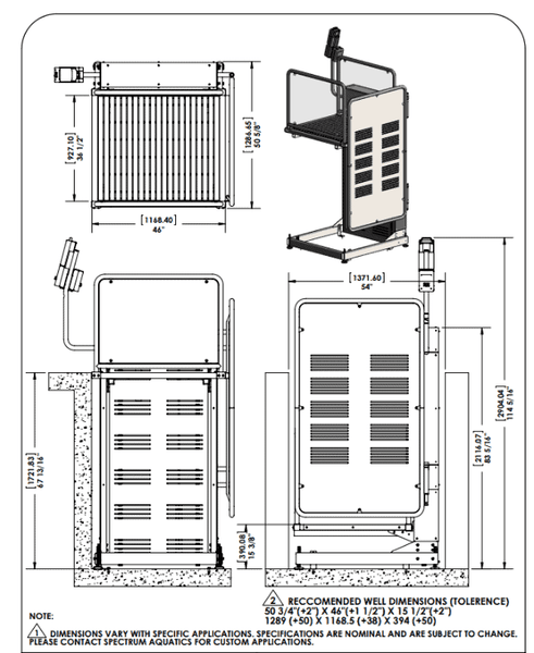 Specifications for Glacier Battery-Powered ADA Compliant Platform Pool Lift by Spectrum Aquatics | Wheelchair Liberty