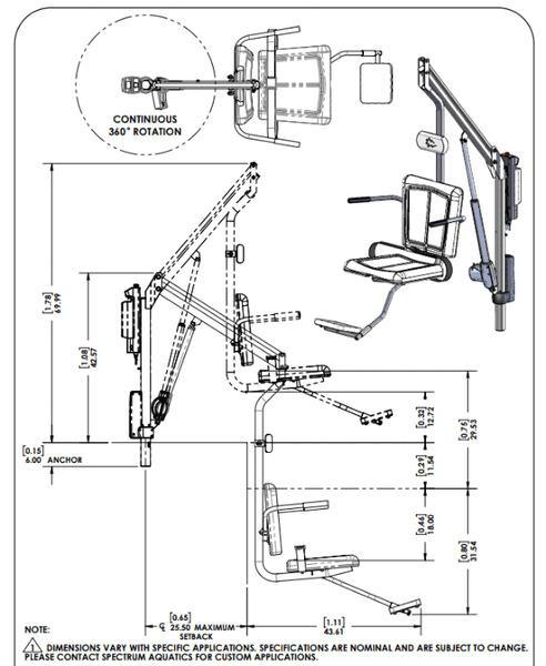 Specifications - MOTION TREK BP 400 DELUXE Pool Lift ADA Compliant | by Spectrum Aquatics - Wheelchair Liberty