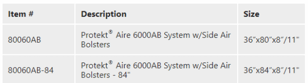 Specifications for Protekt® Aire 6000AB | Low Air Loss/Alternating Pressure Mattress System with Deluxe Digital Pump | Raised Side Air Bolsters + Cell-On-Cell Support Base | Wheelchair Liberty