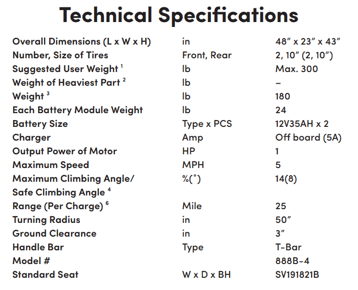 Specifications for Sunrunner 4 4-Wheel Electric Scooter by Shoprider | Wheelchair Liberty