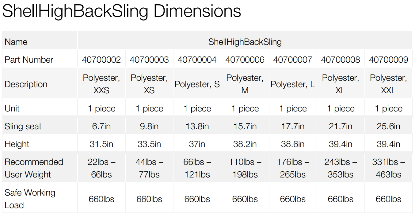 ShellHBSling Dimensions