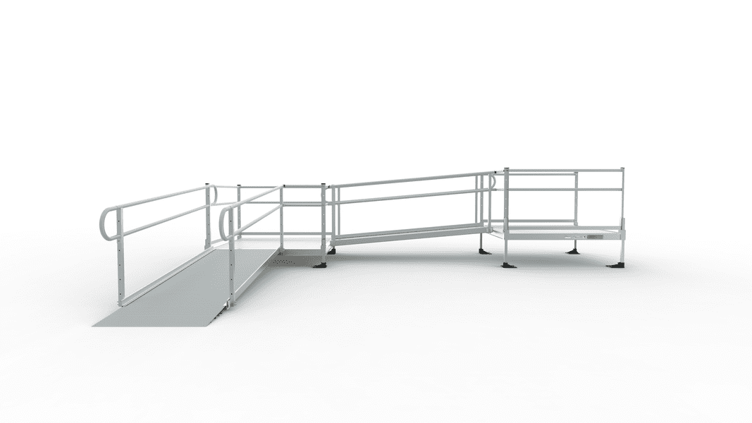 PATHWAY 3G 12 ft. L-Shaped Aluminum Wheelchair Ramp Kit with Solid Surface Tread, 2-Line Handrails, 5 ft. Turn Platform, and 5 ft. Top Platform