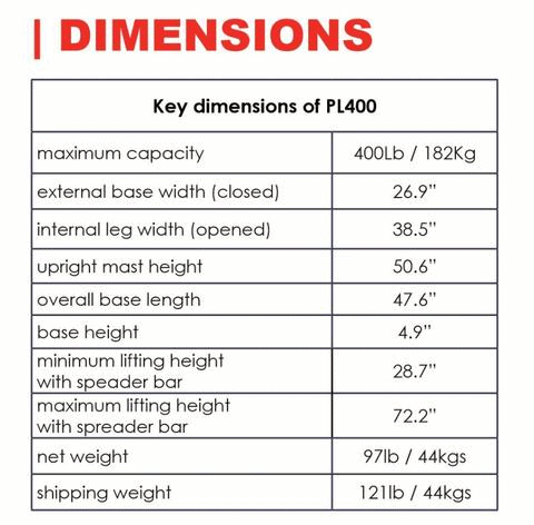 Specifications - The BestLift™ PL400 Full Body Electric Patient Lift by Best Care LLC | Wheelchair Liberty