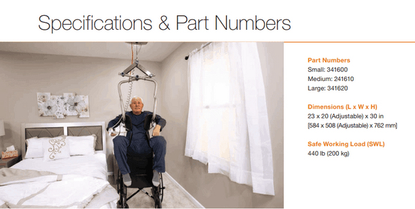 Specifications And Part Numbers - Independent Lifter Specialty Slings By Handicare | Wheelchair Liberty