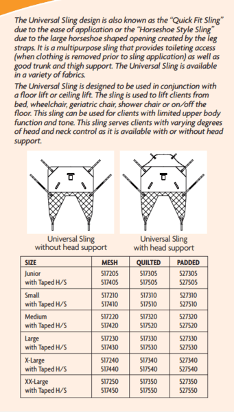 Specifications Code - Universal Sling Disposable Slings by Handicare | Wheelchair Liberty