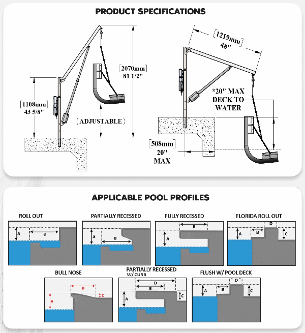 Specifications for Power EZ 2 Electric Pool Lift by Aqua Creek | Wheelchair Liberty