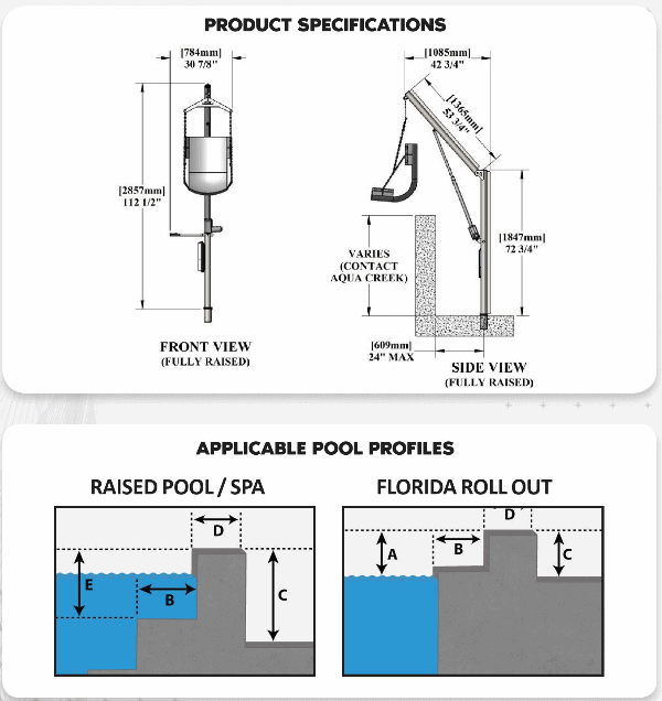Specifications for Super Power EZ Above-Ground Pool lift by Aqua Creek | Wheelchair Liberty
