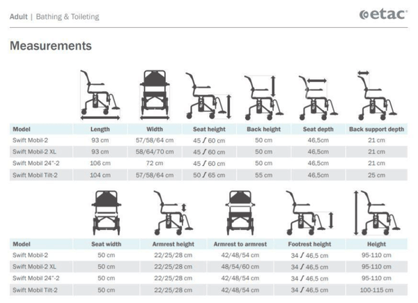 Swift Mobil-2 Shower Commode Chair - Measurements