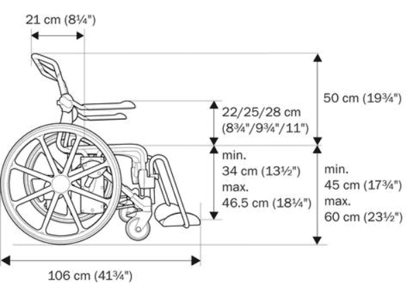 Swift Mobil 24Inch-2 Self-Propelled Shower Commode Chair - Side View Measurements