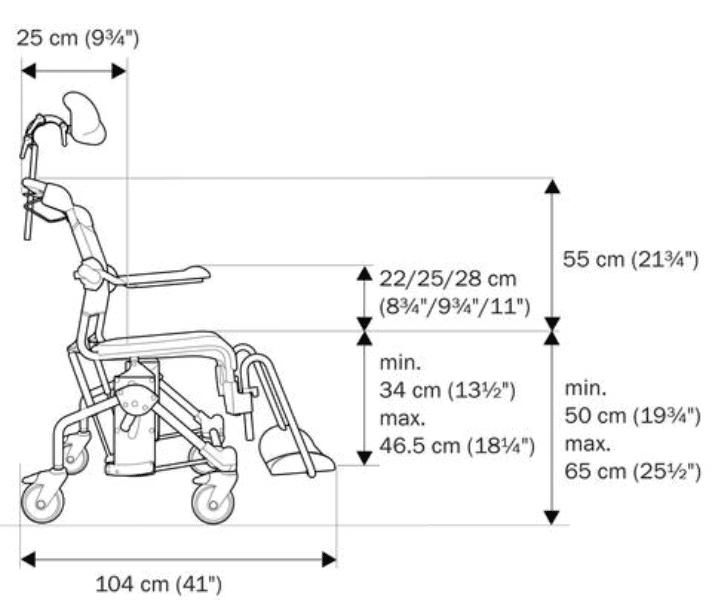 Swift Mobil Tilt-2 Shower Commode Chair - Side Measurements