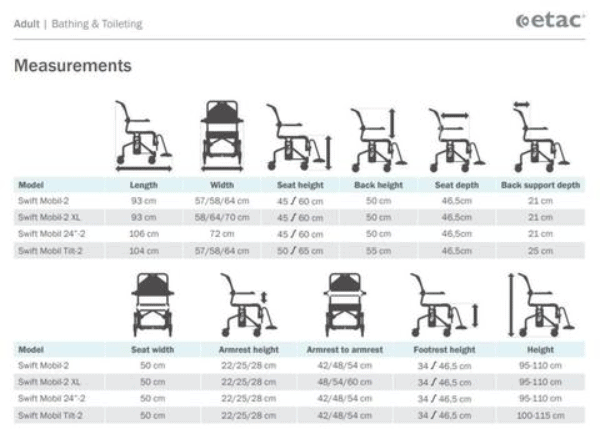 Swift Mobil Tilt-2 Shower Commode Chair - Measurements