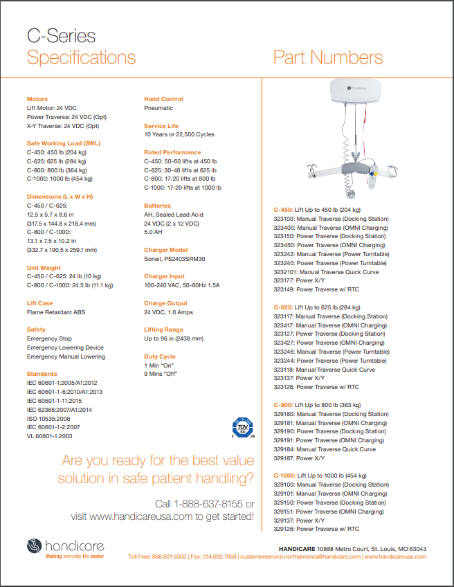 Specifications C-Series Ceiling Lifts by Handicare | Wheelchair Liberty