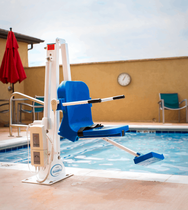 Image of the Aqua Creek Swimming Pool Lifts - Ranger 2 on a swimming pool | Wheelchair liberty