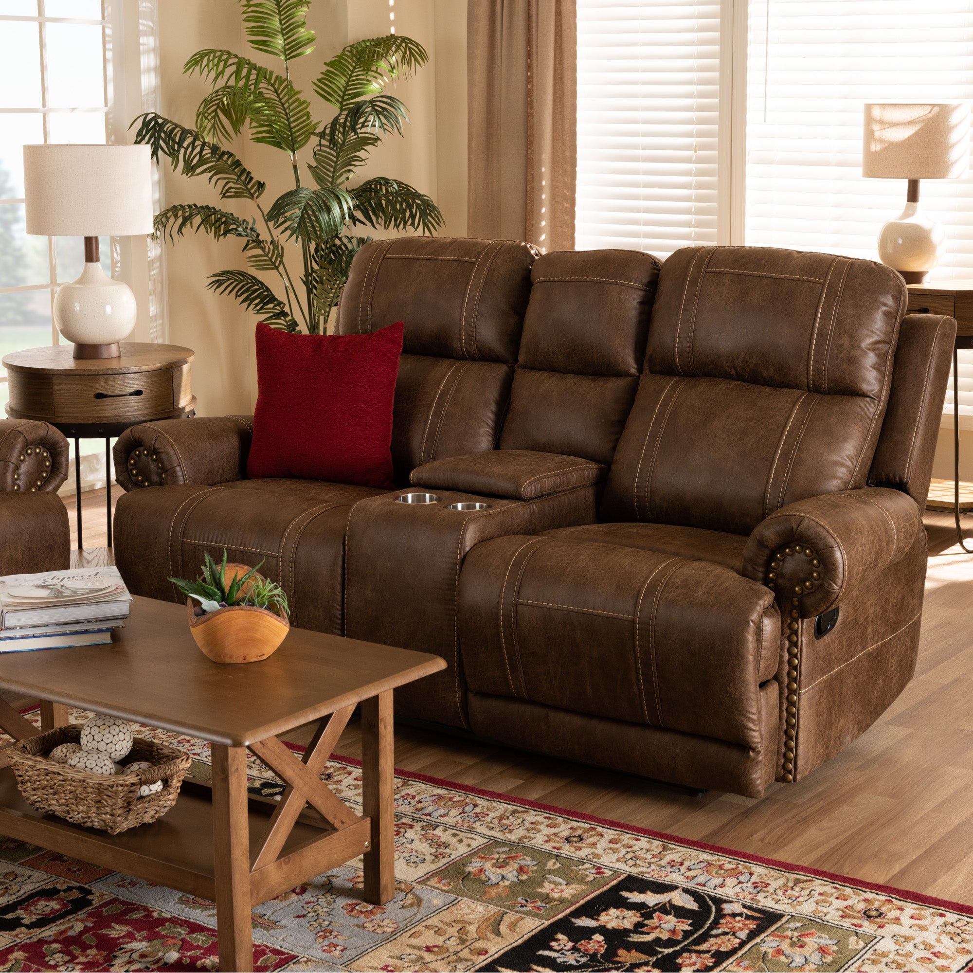 Buckley Modern and Contemporary Light Brown Faux Leather Upholstered 2-Seater Reclining Loveseat with Console