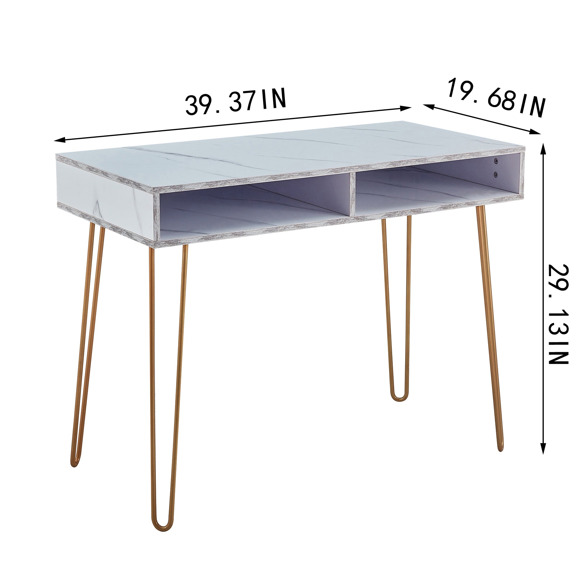 Modern Style Small Desk - White Marble Pattern with Gold Metal Legs