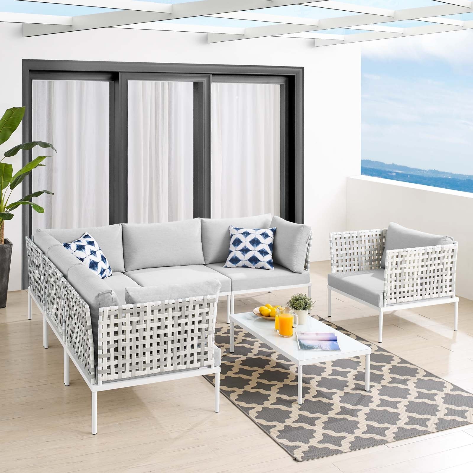 Harmony 7-Piece  Sunbrella® Basket Weave Outdoor Patio Aluminum Sectional Sofa Set - Taupe Gray