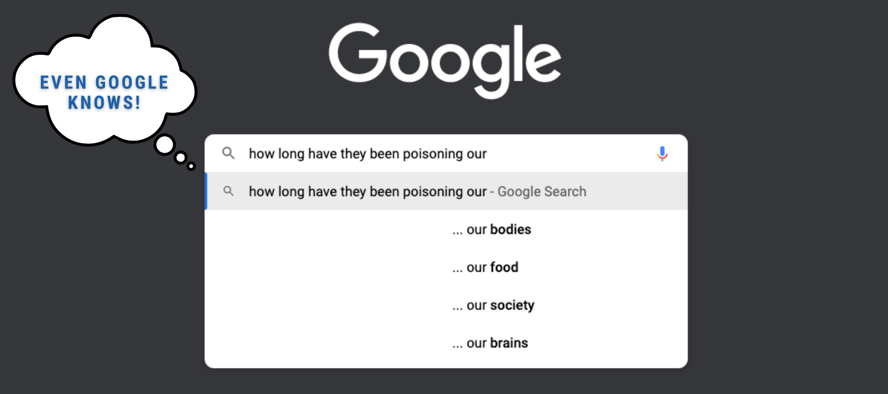 How long have they been poisoning our bodies, food, air, water, society, brains... Even Google Knows! 