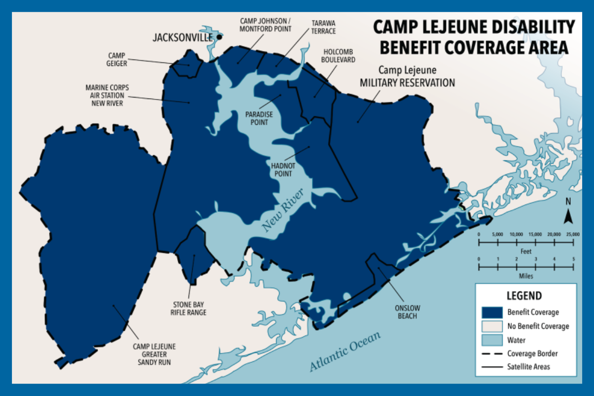 What is the Camp Lejeune North Carolina Water Contamination Coverage Area to Qualify for Filing a Claim with the VA for Disability Benefits