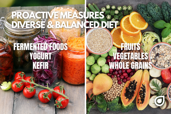 Diverse and Balanced Diet including Fermented Foods Yogurt Kefir Fruits Vegetables Whole Grains