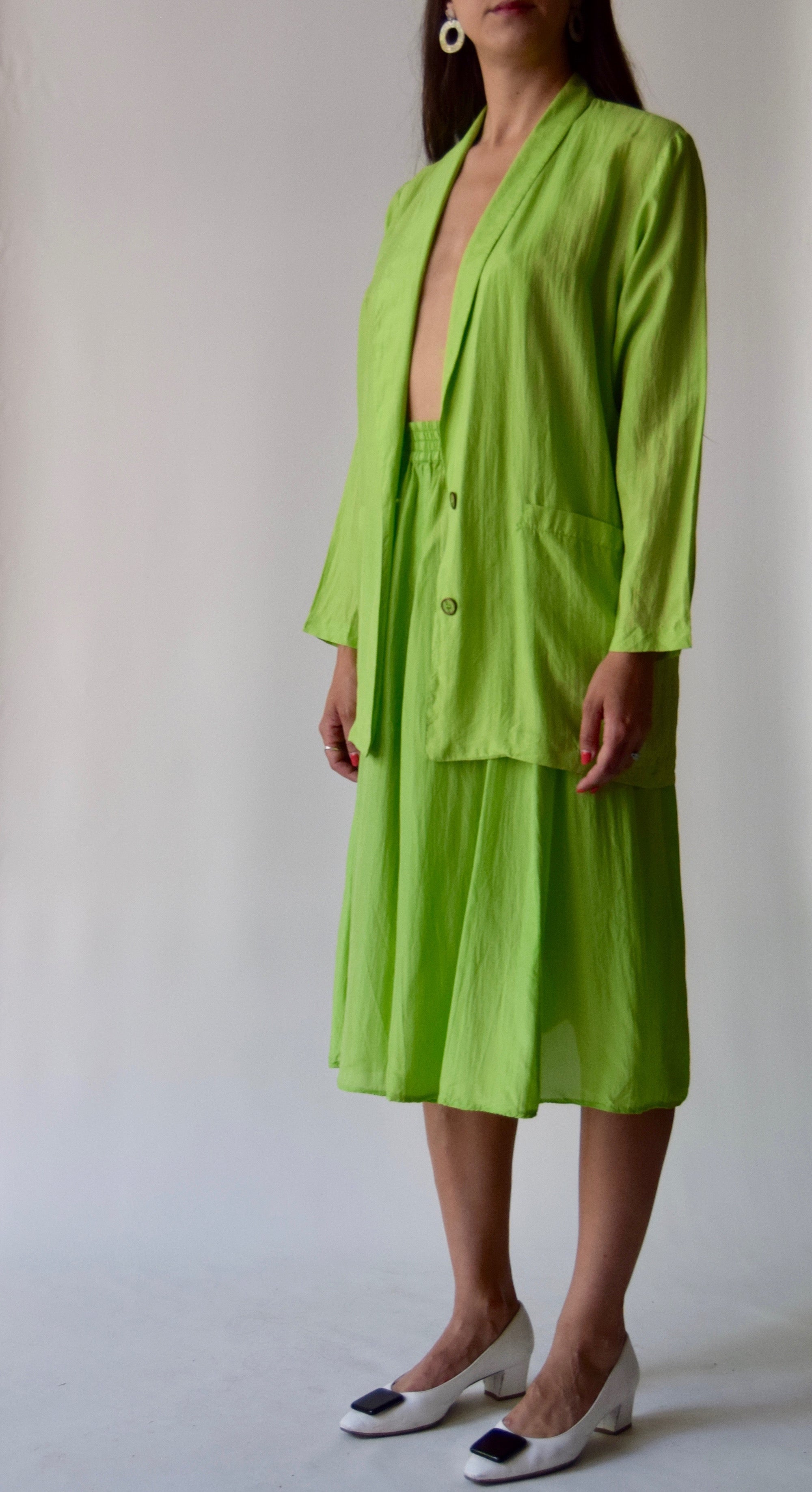 Vintage Silk Slime Green 2 Piece Skirt Suit