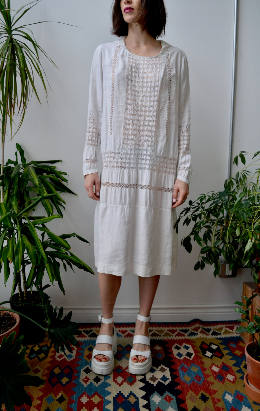 Long White Sackcloth Linen Dress NOMAD With Raw Hems and Side
