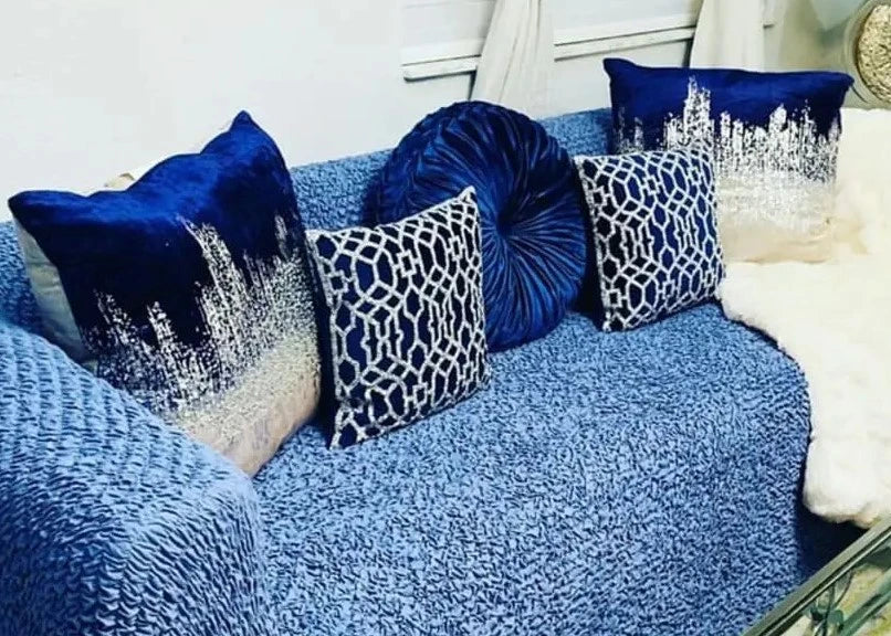 blue and sofa and blue pillows