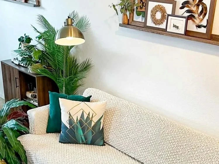 light sofa with lamp and pillows