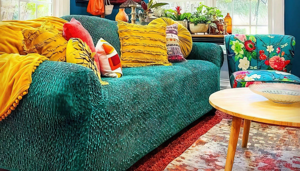 green sofa slipover, velvet collection