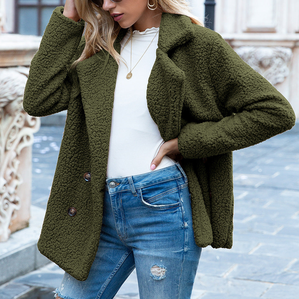 Autumn Winter Button Lapel Loose Sweater Cardigan Sheep Long Wool Coat Women