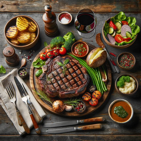 an image of a wagyu chuckeye cooked and presented on a table with side pairings