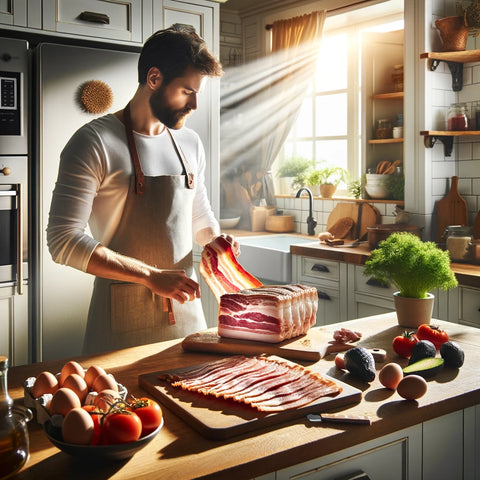 An image of a bright, welcoming kitchen in the morning, where a chef is taking out fresh Wagyu bacon from the refrigerator to prepare for breakfast.