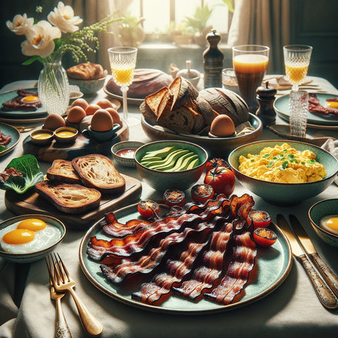 An image depicting a beautifully set breakfast table, featuring freshly cooked Wagyu bacon as the centerpiece. The table is adorned with elegant side dishes.