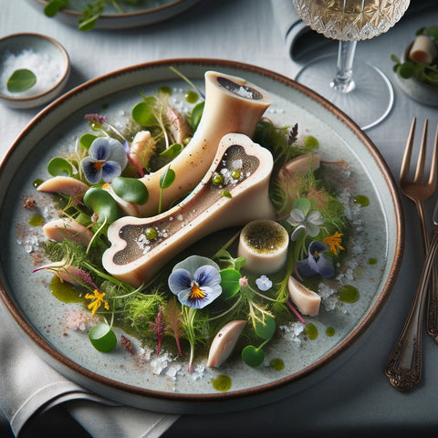 An image of a gourmet dish using raw bone marrow as the central ingredient. The dish is elegantly presented on a high-end dining plate