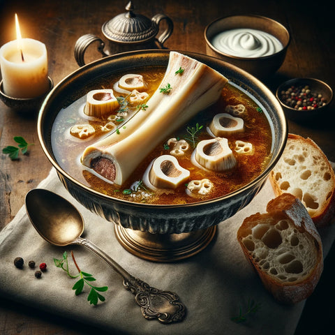 An image of a luxurious soup dish featuring raw bone marrow as a key ingredient. The soup is served in a deep, elegant bowl, with pieces of raw bone including some marrow