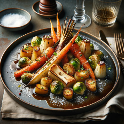 An image of a sophisticated marrow-infused side dish, elegantly presented on a fine dining plate. The dish features perfectly roasted vegetables.