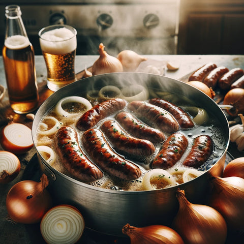 An image depicting beef bratwurst sausages being simmered in a mixture of beer, onions, and garlic.